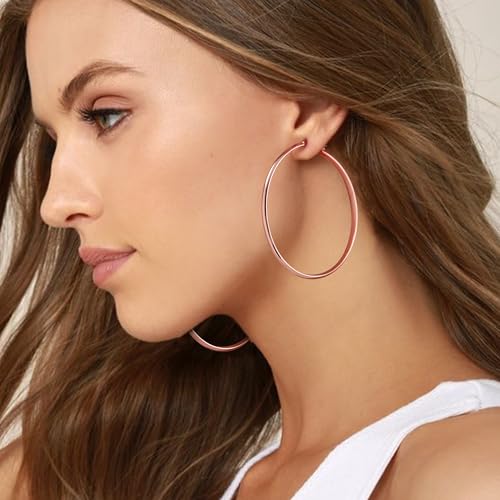 3mm Wide Large Hoop Earrings for Women Hypoallergenic 925 Sterling Silver Post Gold Earrings Lightweight Silver Hoop Earrings Oversize Big Gold Hoops 30/40/50/60MM - color: Rose Gold, size: 60mm