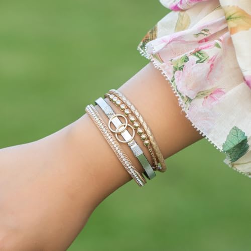 Chunky Boho Leather Wrap Bracelets Cowgirl Beaded Circle Western Jewelry | Stackable Infinity Layered Bohemian Magnetic Clasp Cuff Statement Fashion Colorful Country Hippie Outfits for Women Trendy - color: Gold/Silver