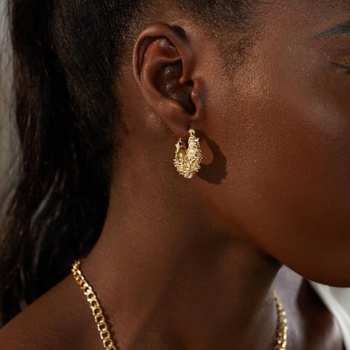 FRUMOS 18K Gold Plated Chunky Hoop Earrings for Women Fashion Thick Gold Hoops Set Jewelry for Birthday Christmas Gifts - color: Gold CZ Paved Chunky Hoop