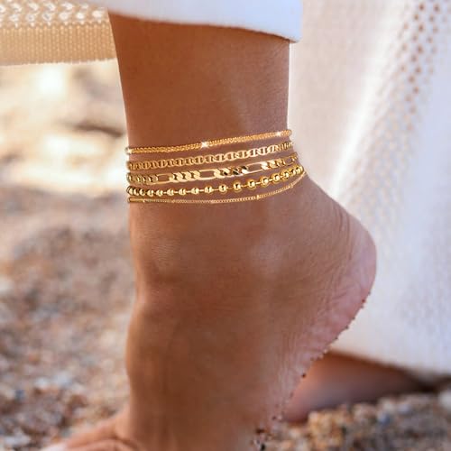 Gold Ankle Bracelets for Women,14k Gold Plated Anklets Waterproof Cuban Link Tennis Herringbone Beaded Chain Anklets Set Layered Anklet Bracelets for Women Adjustable Summer Beach Jewelry 5pcs - color: B:Gold mariner +figaro+ball+ bead+ shard