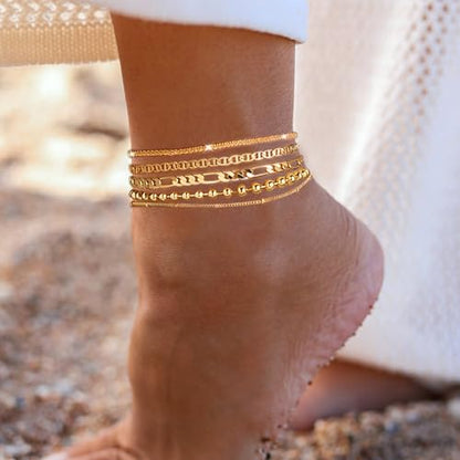 Gold Ankle Bracelets for Women,14k Gold Plated Anklets Waterproof Cuban Link Tennis Herringbone Beaded Chain Anklets Set Layered Anklet Bracelets for Women Adjustable Summer Beach Jewelry 5pcs - color: B:Gold mariner +figaro+ball+ bead+ shard