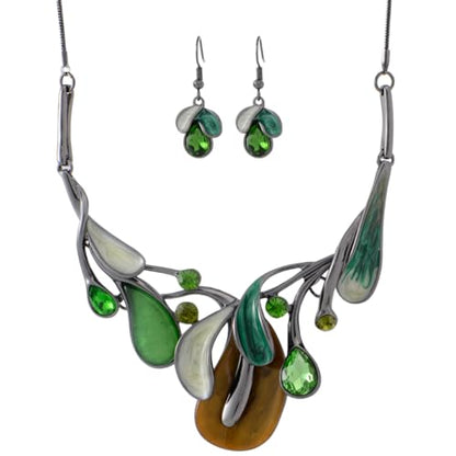 Chunky Statement Jewelry Set Vintage Retro Leaf Flower Floral Geometric Bohemian Boho Bib Necklace Earring Set Fashion Costume Jewelry for Women Girls Wedding Party Prom Unique Gift - style: teardrop leaf-green yellow