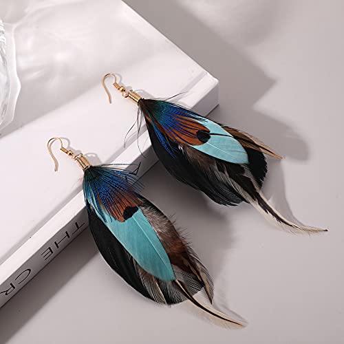 Bohemian Long Feather Earrings for Women Handmade Natural Dangle Tassel Jewelry - color: Style I