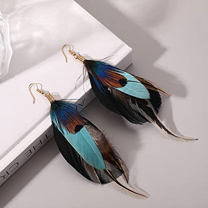 Bohemian Long Feather Earrings for Women Handmade Natural Dangle Tassel Jewelry - color: Style I