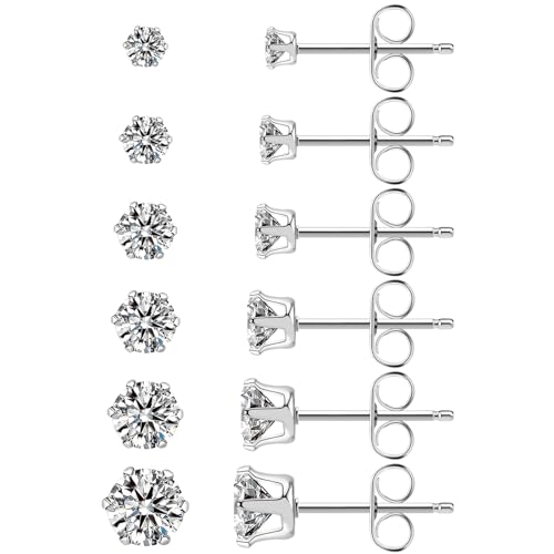 Ringcal Stainless Steel Stud Earrings Set Hypoallergenic Cubic Zirconia 14K White Gold CZ Earrings for Women - color: Silver-6Pairs-3 4 5 6 7 8mm