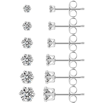 Ringcal Stainless Steel Stud Earrings Set Hypoallergenic Cubic Zirconia 14K White Gold CZ Earrings for Women - color: Silver-6Pairs-3 4 5 6 7 8mm