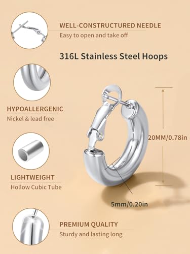 FindChic Hoop Earrings for Women, Silver/Black/14K Gold Plated Hypoallergenic Hollow Round Tube Loop Earrings, 20mm/30mm/40mm/60mm/80mm Chunky Hoops with Custom Name Options & Gift Box - color: b.Silver, size: 20MM