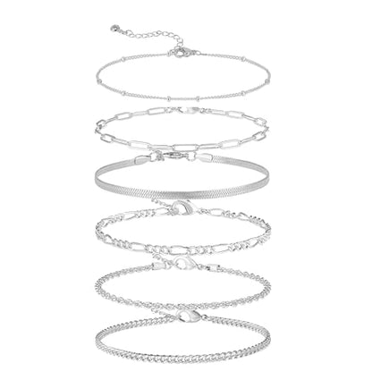 6 PCS Gold Ankle Bracelets for Women, 14k Plated Gold Layered Anklet Set Waterproof Herringbone Paperclip Beaded Figaro Cuban Link Chain Beach Stackable Anklet Bracelet Jewelry Gift for Women - style: 6Pcs-A0137 Ankelt Set-SL