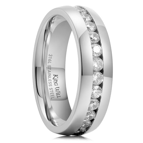 King Will 316L Stainless Steel Wedding Band for Men Cubic Zirconia Inlay | Silver-Tone, 6/7/8mm, Comfort Fit, Durable, Zirconia inlay, Promise Gift - color: Steel-White-6.5mm