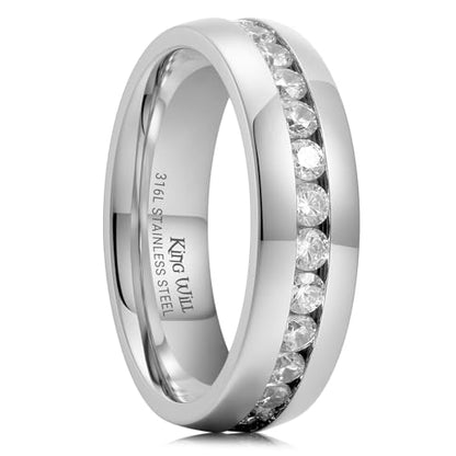 King Will 316L Stainless Steel Wedding Band for Men Cubic Zirconia Inlay | Silver-Tone, 6/7/8mm, Comfort Fit, Durable, Zirconia inlay, Promise Gift - color: Steel-White-6.5mm