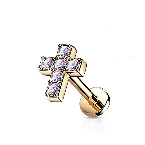 Covet Jewelry 6 CZ Cross Top with Internally Threaded Surgical Steel Flat Back Studs with Extended Threading for Labret, Monroe, Cartilage and More - style: 16GA, L: 1/4" (6mm), Rose Gold/Aurora Borealis