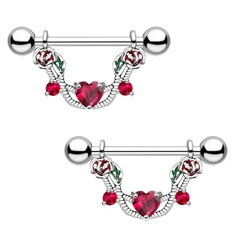 2pcs 14G Nipple Rings Flower Nipple Bars Surgial Steel 316L Nipple Piercing Jewelry Heart Nipple Barbell for Women - color: Rose red