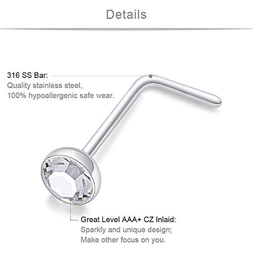 SCERRING 18G Stainless Steel L-Shaped Nose Stud Rings Tragus Lip Hoop Piercing Jewelry 1.5-3mm Clear CZ 8-30PCS - color: 30PCS - Silver