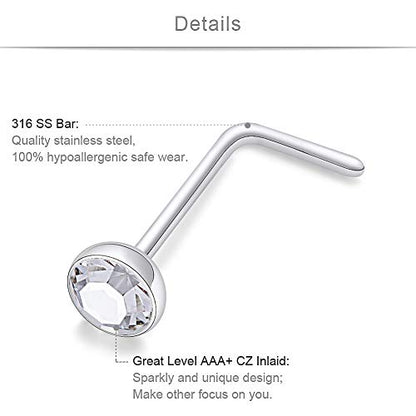 SCERRING 18G Stainless Steel L-Shaped Nose Stud Rings Tragus Lip Hoop Piercing Jewelry 1.5-3mm Clear CZ 8-30PCS - color: 30PCS - Silver