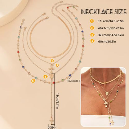 Layered Cross Necklace Set for Women, Layered Choker Necklaces Trendy Jewelry, Colorful Enamel Beaded Y-Shaped Lariat Necklace, Boho Multilayer Cross Necklace for Party and Daily Wear - color: Gold-06