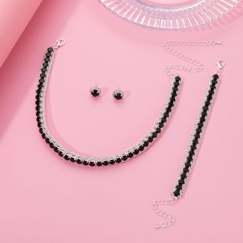 Women Rhinestone Crystal Jewelry Set Crystal Tennis Design Rhinestone Choker Necklace Link Bracelet Teardrop Earrings Set Wedding Bridal Bridesmaids Party - color: Silver Plated Black Crystal(2)