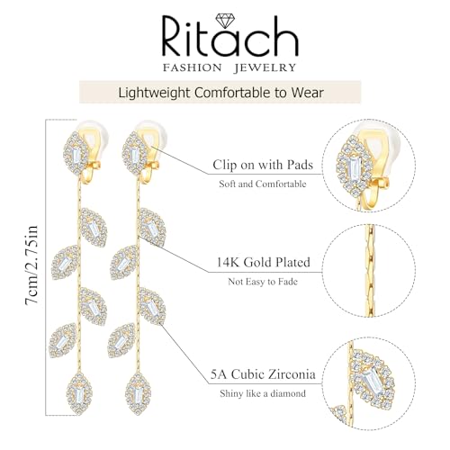 Gold/Silver Clip on Earrings Non Pierced for Women - 14K Gold Plated Long Tasse Drop Dangle Clip Earrings - Cubic Zirconia Leaf Earrings for Women Gold Wedding Jewelry Gifts - color: Gold -tone
