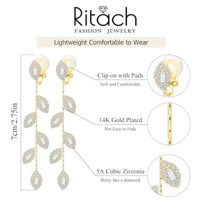 Gold/Silver Clip on Earrings Non Pierced for Women - 14K Gold Plated Long Tasse Drop Dangle Clip Earrings - Cubic Zirconia Leaf Earrings for Women Gold Wedding Jewelry Gifts - color: Gold -tone