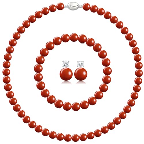 Pearl Necklaces for Women,8mm Pearl Necklace and Earring Bracelet Jewelry Set for Women Men Wedding Birthday Valentine Christmas Day Gifts - color: Red