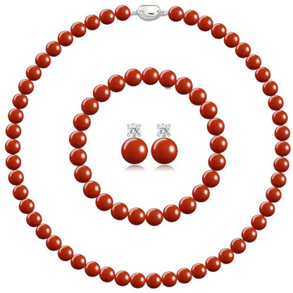 Pearl Necklaces for Women,8mm Pearl Necklace and Earring Bracelet Jewelry Set for Women Men Wedding Birthday Valentine Christmas Day Gifts - color: Red