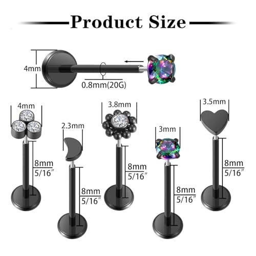 Uni-J 10pcs 20G/18G/16G Threadless Push-in Tragus Conch Cartilage Flat Back Helix Labret Monroe Lip Ring Daith Piercing Jewelry - color: 20G Black 8mm