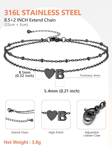 Ankle Bracelets for Women Waterproof 14K Gold/Silver/Black Initial Anklet for Women Dainty Layered Heart Ankle Bracelets Stainless Steel Adjustable Foot Chain Anklet Summer Beach Jewelry - color: B-Black