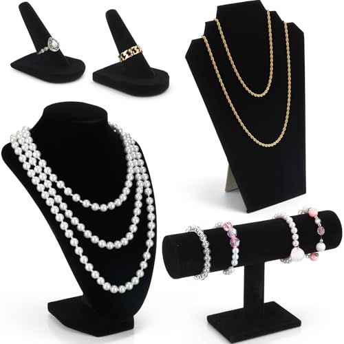 Leinuosen 5 Pcs Velvet Jewelry Display Set for V-shaped and Flat Necklace Bust Stand Ring Finger Holder T Shape Bracelet Stand