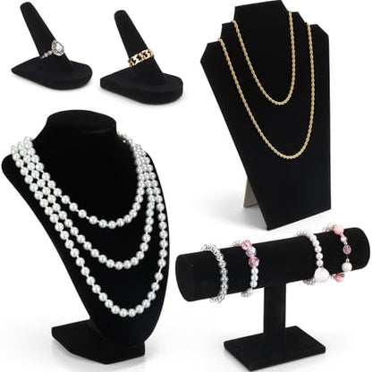 Leinuosen 5 Pcs Velvet Jewelry Display Set for V-shaped and Flat Necklace Bust Stand Ring Finger Holder T Shape Bracelet Stand
