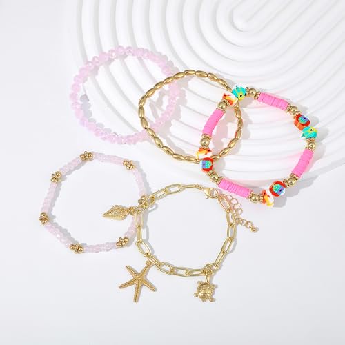 Summer Surfer Heishi Bracelet Set for Women Stackable Gold Plated Clay Ploymer Bead Stretch Pink Beach Layering Bracelets Jewelry - color: A-Pink 8 fish 5pcs
