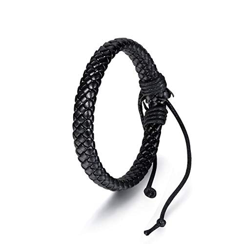 Leather Surfer Cuff Bracelet: Adjustable Braided Rope Woven Wrap Wristband for Men Women, Fit 7.6-10.6 inch Wrist - color: Black
