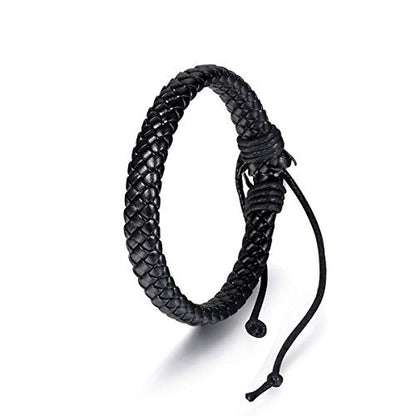 Leather Surfer Cuff Bracelet: Adjustable Braided Rope Woven Wrap Wristband for Men Women, Fit 7.6-10.6 inch Wrist - color: Black