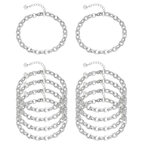 10 PCS Bracelets for Women Stainless Steel Chain Link Bracelet Set | 6.7 Inches with Extender, Jewelry Gifts for DIY, Chains Bulk, Oval, Curb, Figaro Chains, 18K Gold Plated, Silver, Chunky - color: Lip Silver