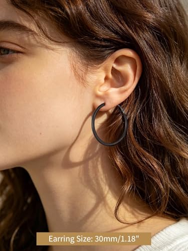 FindChic Thin Hoop Earrings for Women,Silver/Black/Gold Plated 20-100mm - color: Black, size: 30mm