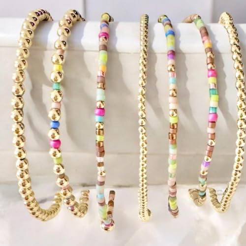 Colorful Stackable Rice Small Mini Seed Beaded Bracelets Set For Women, Handmade Dainty Boho Gold Glass Stretch Accessories Jewelry,Summer Beach Party Daily Friendship Gift - color: Gold175
