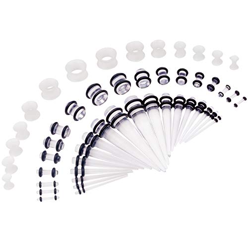 50 Pcs Ear Gauges Stretching Kit 14G-00G | Acrylic Tapers and Plugs Silicone Tunnels, Gauge Expanders Stretching Kit, Piercing Earring Jewelry for Men and Women - color: Clear