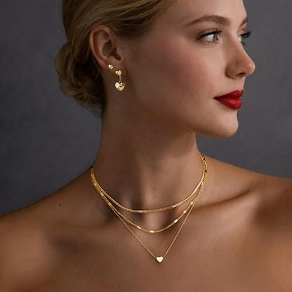 Poxtex Layered Gold Necklaces for Women, Stackable Dainty 14K Gold Silver Plated Trendy Simple Heart Diamond Cross Bow Circle Pendant Paperclip Choker Dot Chain Necklace,Jewelry Set Gifts for Women - color: Gold, style: Heart2