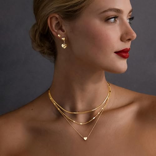Poxtex Layered Gold Necklaces for Women, Stackable Dainty 14K Gold Silver Plated Trendy Simple Heart Diamond Cross Bow Circle Pendant Paperclip Choker Dot Chain Necklace,Jewelry Set Gifts for Women - color: Gold, style: Heart2