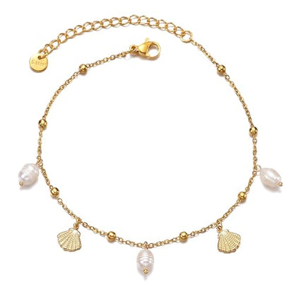 Dainty Gold Shell Pearl Charm Ankle Bracelet for Women Trendy non-Tarnish Adjustable Anklet Summer Beach Fashion Jewelry Gift - color: Pearl