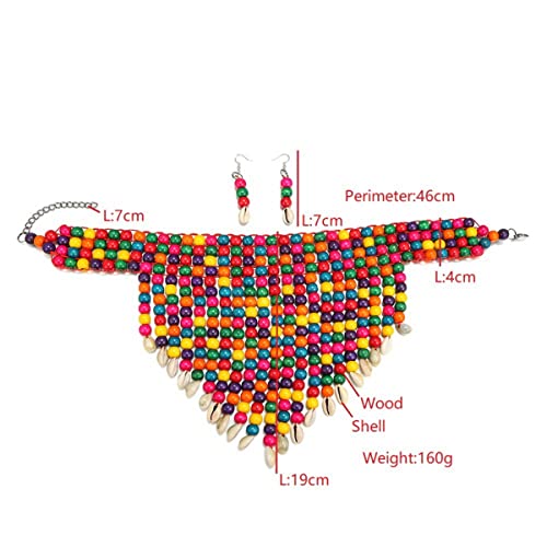 Wooden Beaded Seed Bib Necklace and Earrings Set for Women,Statement African Boho Layering Chunky Collar Choker Set - color: Gold