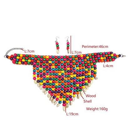 Wooden Beaded Seed Bib Necklace and Earrings Set for Women,Statement African Boho Layering Chunky Collar Choker Set - color: Black