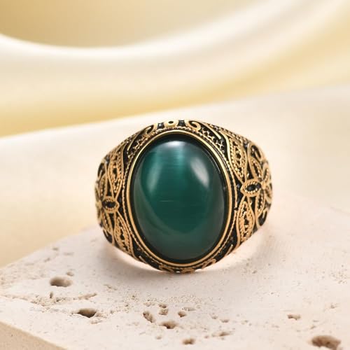 Retro Large Tiger Eye Stone Turquoise Wedding Ring For Men Classical Gothic Stainless Steel Rings - color: Gold-Green