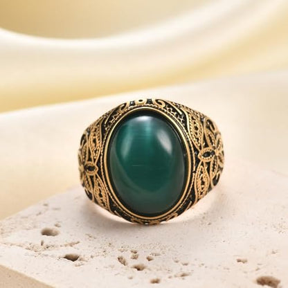 Retro Large Tiger Eye Stone Turquoise Wedding Ring For Men Classical Gothic Stainless Steel Rings - color: Gold-Green