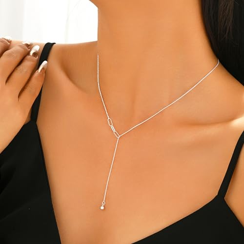 925 Sterling Silver Lariat Necklace for Women | Long 14K Gold Plated Y-Shaped Pearl Necklace CZ Crystal Ball Sparkle Necklace for Mother Daughter Bride Wedding Jewelry - color: Style 5-Sliver
