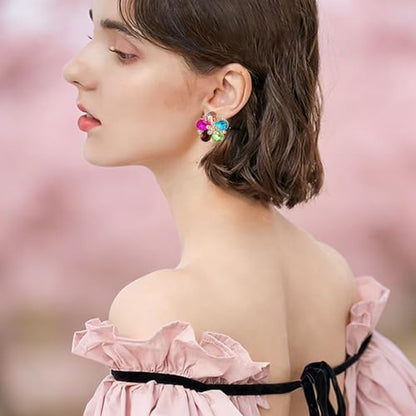 Bohemian Sparkly Crystal Flower Sliver Lightweight Stud Earrings Peach Blossom Rhinestone Floral Dangle Earrings For Women Jewelry Gifts - color: Colorful