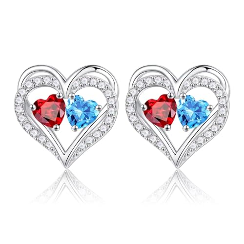 Heart Earrings for Women - Birthstone Earrings | 925 Sterling Silver, Stud Earrings, Gift Box Packaging, Anniversary Birthday Gifts for Women Wife Girlfriend Mom - color: 01-03-Jan-Mar Birthstone