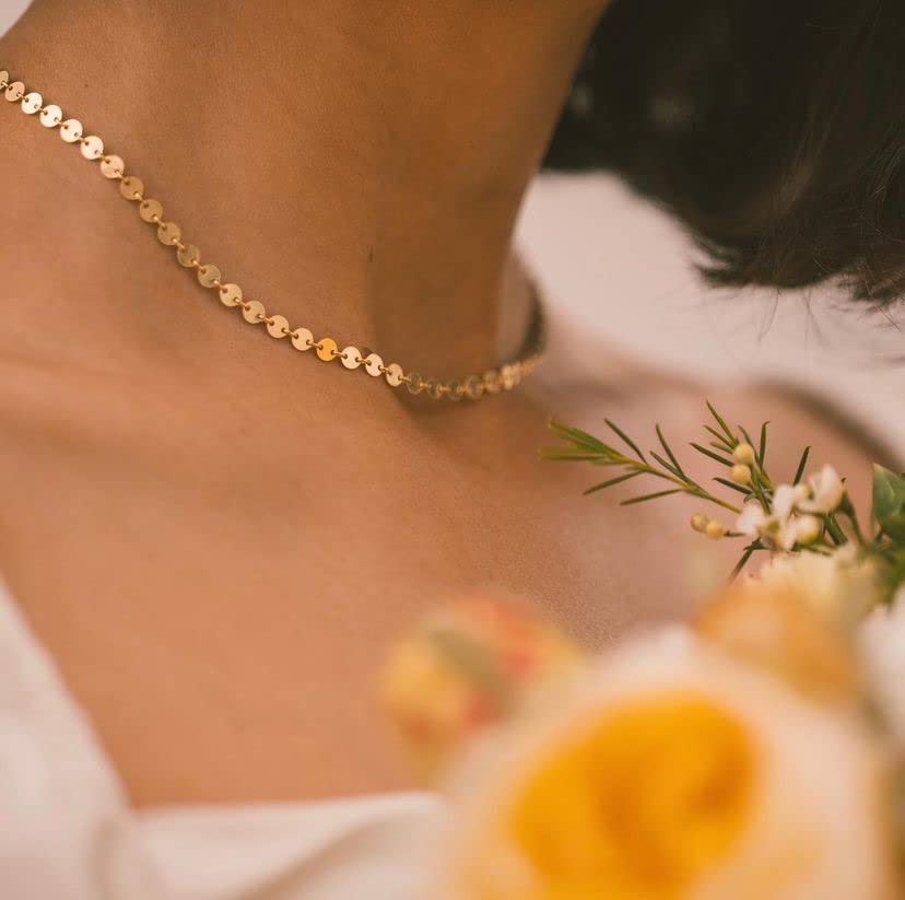 CHESKY 14K Gold Plated Silver Dainty Satellite Choker Necklace for Women | Layered Beaded Chain Necklace, Thin Choker Jewelry, Dainty Gold necklace, Minimalist Trendy Jewelry, Daily Gift for Women - style: Disc-Gold