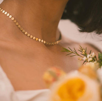 CHESKY 14K Gold Plated Silver Dainty Satellite Choker Necklace for Women | Layered Beaded Chain Necklace, Thin Choker Jewelry, Dainty Gold necklace, Minimalist Trendy Jewelry, Daily Gift for Women - style: Disc-Gold
