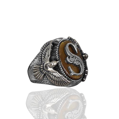925 Sterling Silver Personalized Ring for Men, Tiger's Eye Stone Men's Ring, Eagle Design Silver Men Ring, Customizable Letter Ring, Silver Initial Men Ring, Monogram Silver Ring