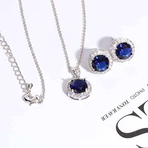 Bridal Crystal Jewelry Set - Sterling Silver Round Cubic Zirconia CZ Rhinestone Halo Birthstone Pendant Necklace Stud Earrings Set for Wedding Bride Bridesmaids Birthday Gift - color: Sapphire Blue