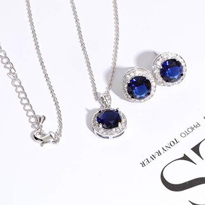 Bridal Crystal Jewelry Set - Sterling Silver Round Cubic Zirconia CZ Rhinestone Halo Birthstone Pendant Necklace Stud Earrings Set for Wedding Bride Bridesmaids Birthday Gift - color: Sapphire Blue